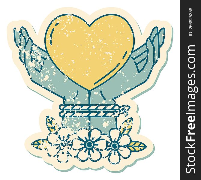 iconic distressed sticker tattoo style image of tied hands and a heart. iconic distressed sticker tattoo style image of tied hands and a heart