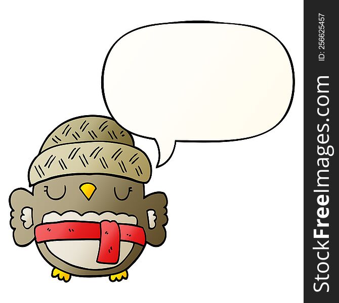 Cute Cartoon Owl In Hat And Speech Bubble In Smooth Gradient Style