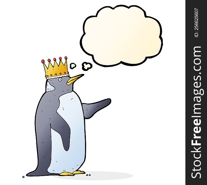 cartoon penguin wearing crown with thought bubble