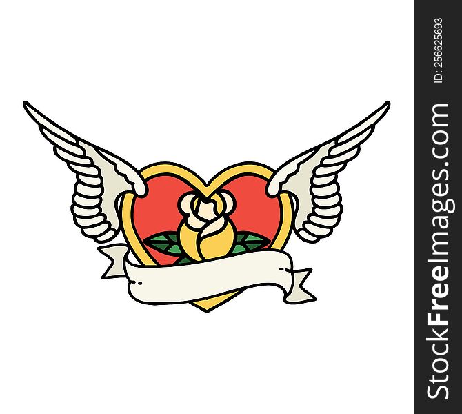 tattoo in traditional style of a flying heart with flowers and banner. tattoo in traditional style of a flying heart with flowers and banner