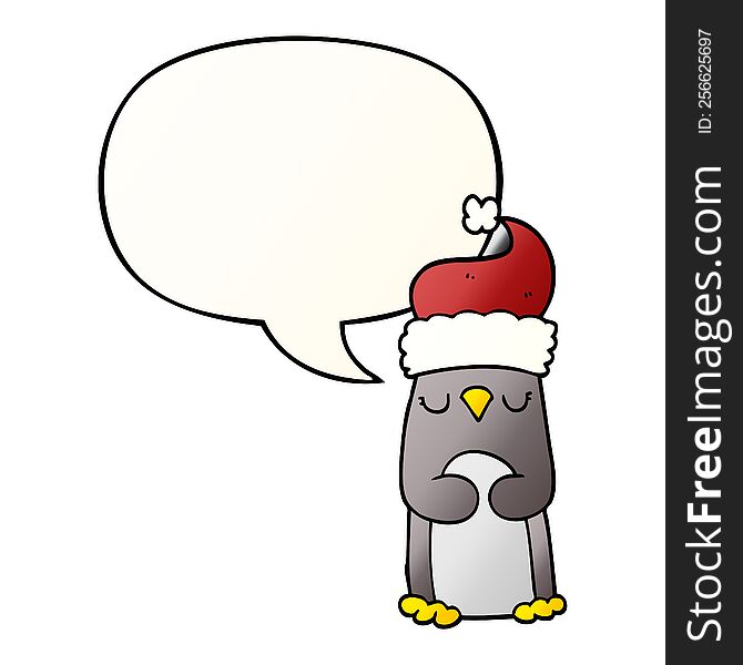 cartoon christmas penguin with speech bubble in smooth gradient style