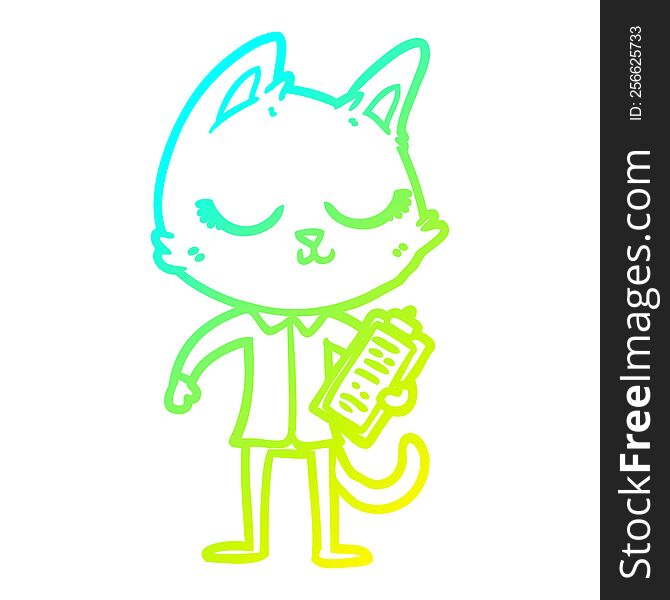 cold gradient line drawing of a calm cartoon cat with clipboard