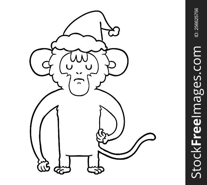 hand drawn line drawing of a monkey scratching wearing santa hat