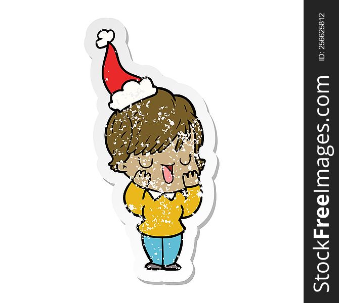 hand drawn distressed sticker cartoon of a woman talking wearing santa hat