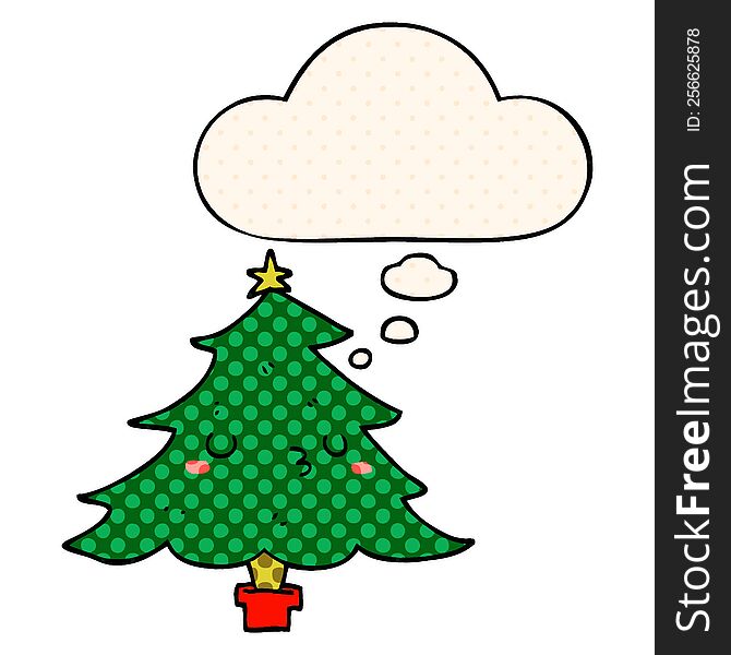 cute cartoon christmas tree with thought bubble in comic book style