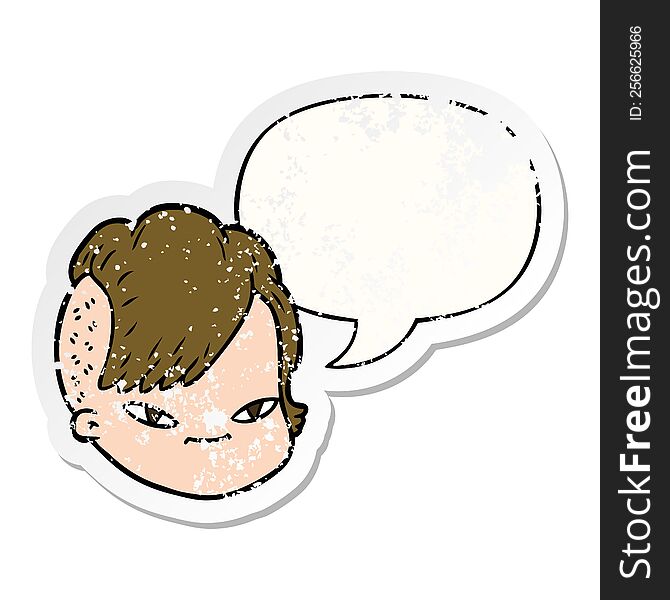 Cartoon Female Face And Speech Bubble Distressed Sticker