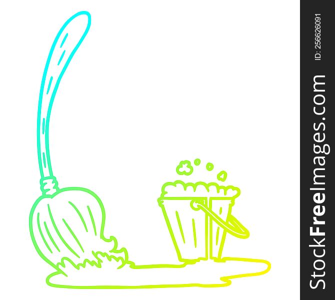 cold gradient line drawing of a cartoon mop and bucket