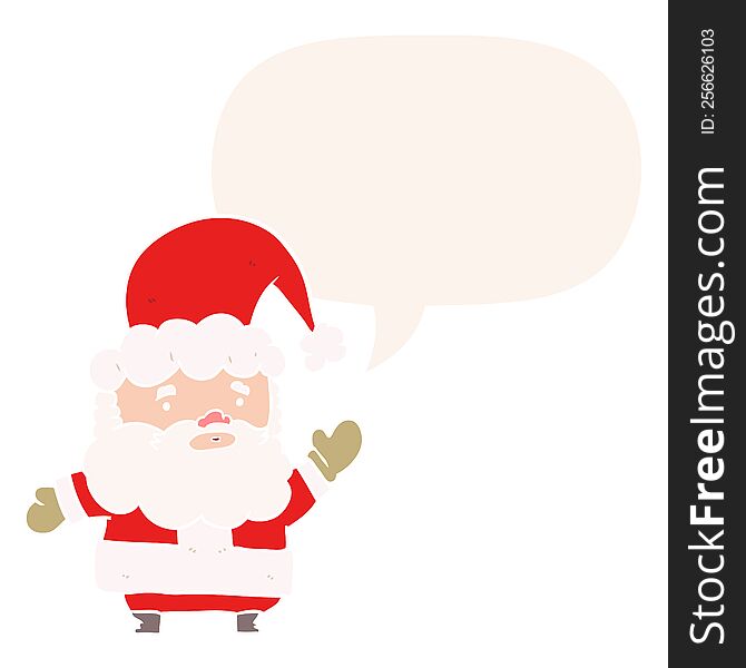 Cartoon Santa Claus Waving And Speech Bubble In Retro Style