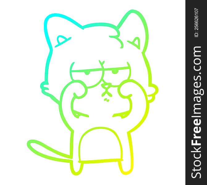 Cold Gradient Line Drawing Tired Cartoon Cat Rubbing Eyes