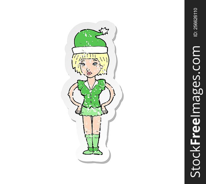 Retro Distressed Sticker Of A Cartoon Woman In Christmas Elf Outfit