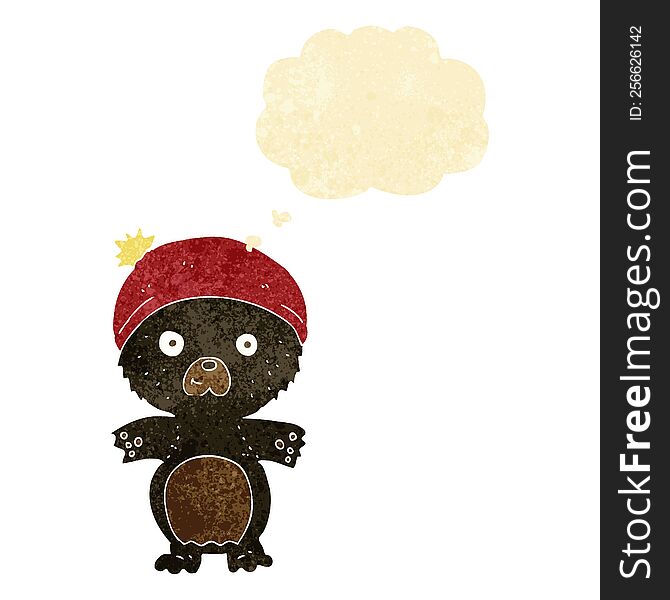 Cartoon Cute Black Bear In Hat With Thought Bubble