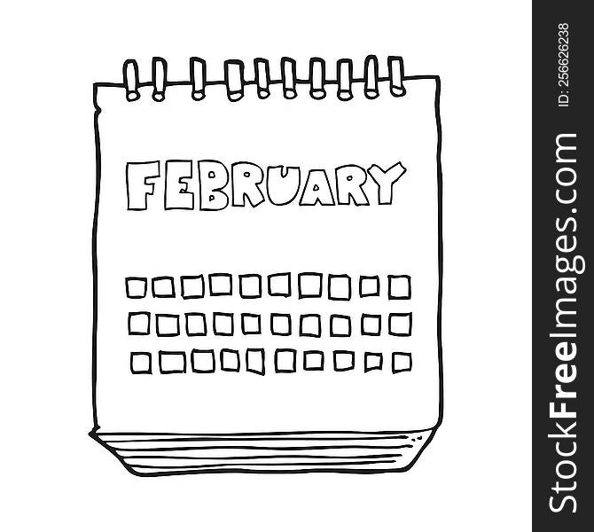 freehand drawn black and white cartoon calendar showing month of february
