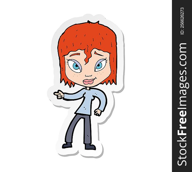 sticker of a cartoon relaxed woman pointing