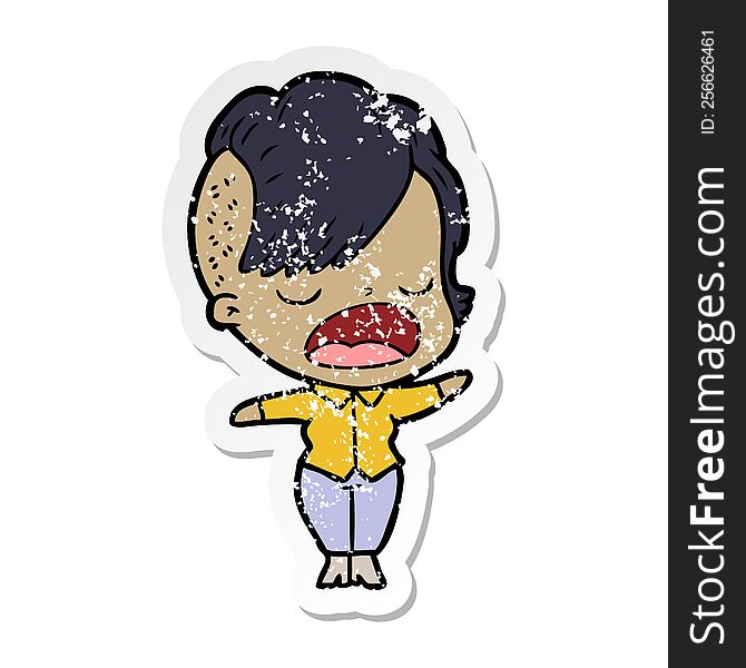 distressed sticker of a cartoon cool hipster girl talking