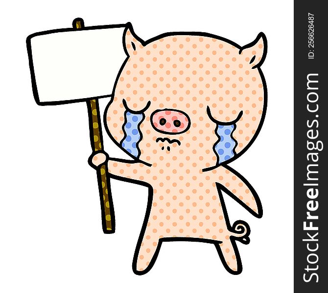 cartoon crying pig with sign post. cartoon crying pig with sign post