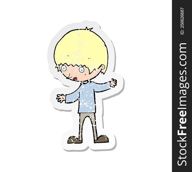 Retro Distressed Sticker Of A Cartoon Boy With Outstretched Arms