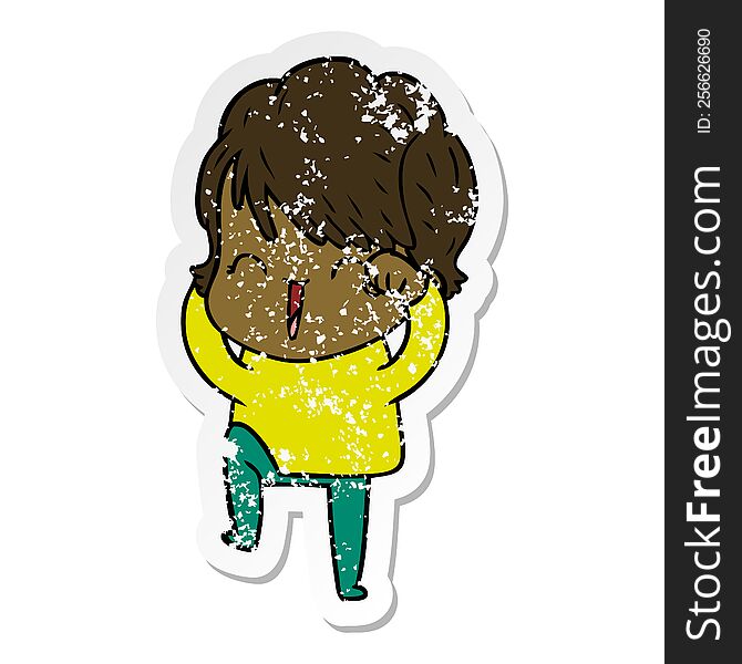 distressed sticker of a cartoon laughing woman