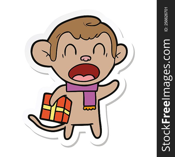 sticker of a shouting cartoon monkey carrying christmas gift
