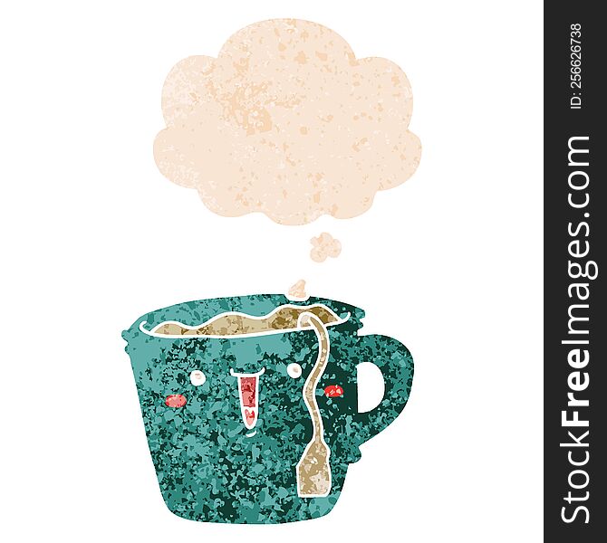 Cute Cartoon Coffee Cup And Thought Bubble In Retro Textured Style
