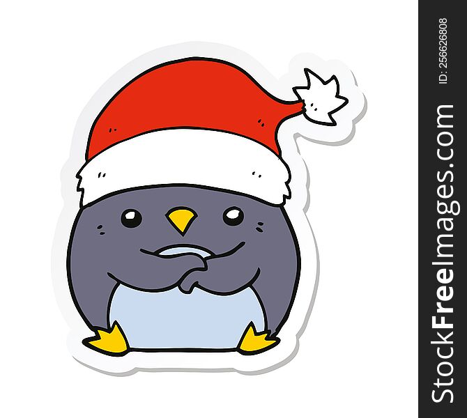 Sticker Of A Cute Cartoon Penguin Wearing Christmas Hat