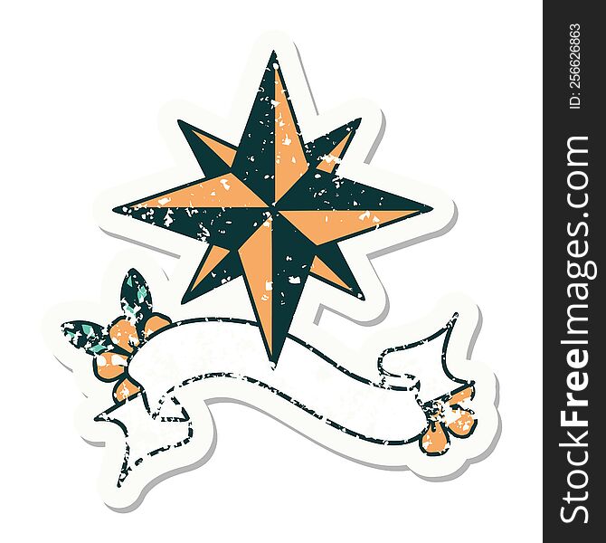 worn old sticker with banner of a star. worn old sticker with banner of a star