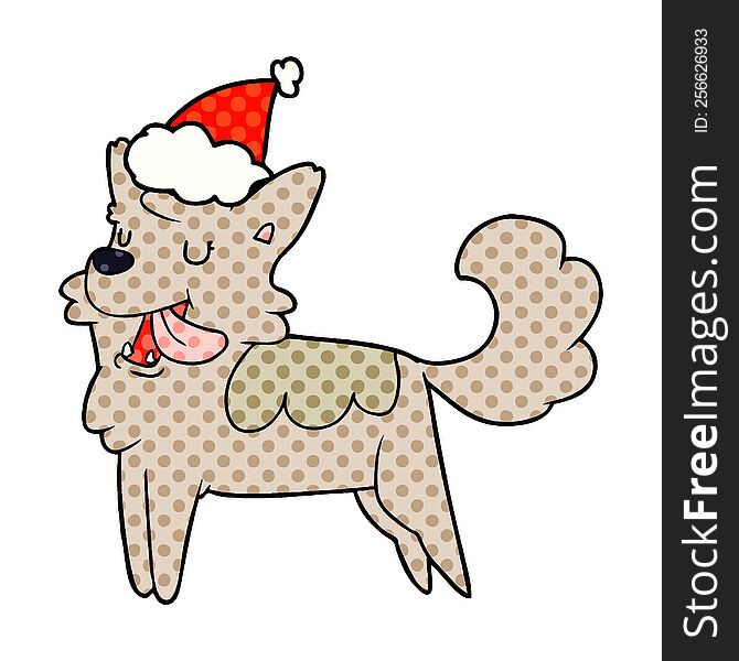 hand drawn comic book style illustration of a happy dog wearing santa hat