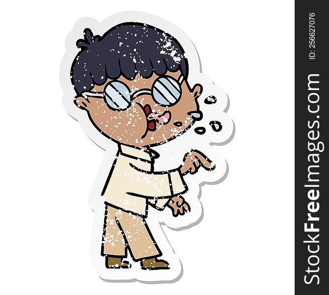 distressed sticker of a cartoon boy wearing spectacles and making point