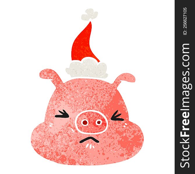 Retro Cartoon Of A Angry Pig Face Wearing Santa Hat