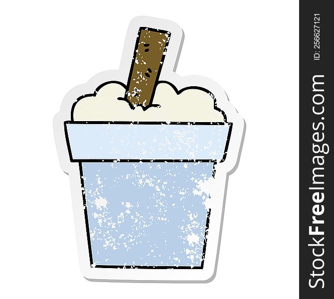 distressed sticker of a quirky hand drawn cartoon ice cream pot