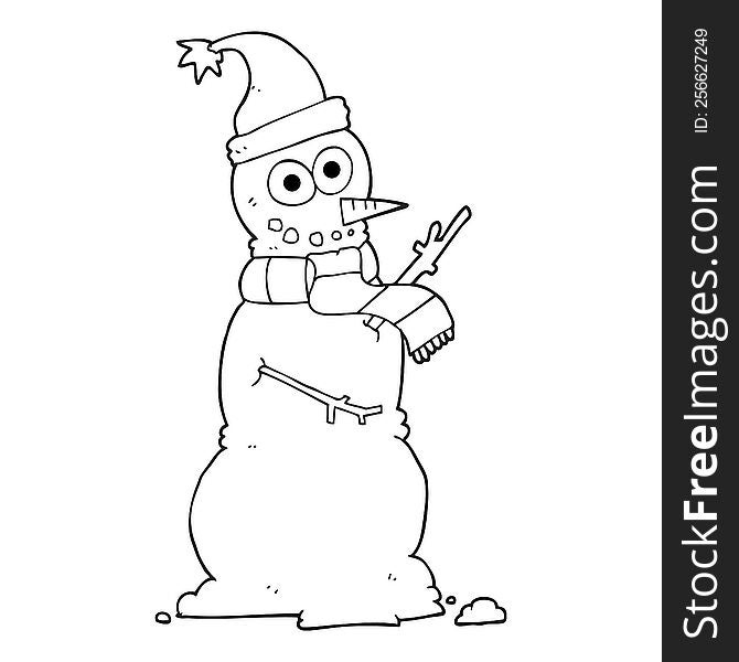 freehand drawn black and white cartoon snowman