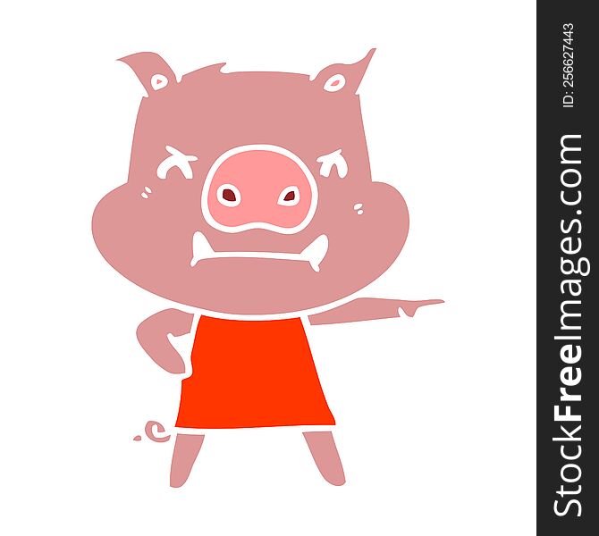 Angry Flat Color Style Cartoon Pig In Dress Pointing