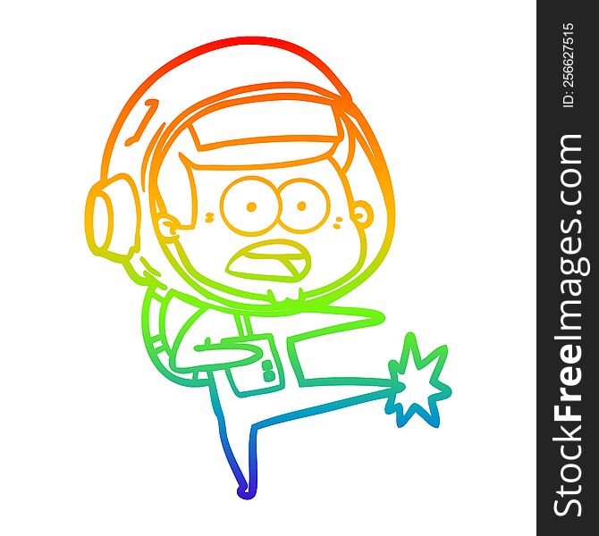 rainbow gradient line drawing of a cartoon surprised astronaut kicking