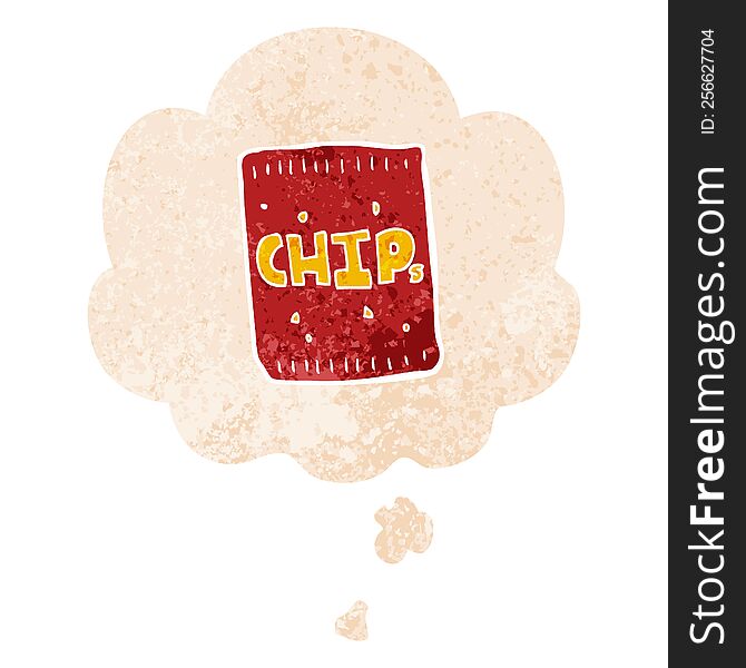 cartoon packet of chips with thought bubble in grunge distressed retro textured style. cartoon packet of chips with thought bubble in grunge distressed retro textured style