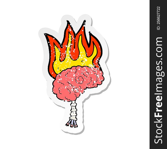 Retro Distressed Sticker Of A Cartoon Brain On Fire