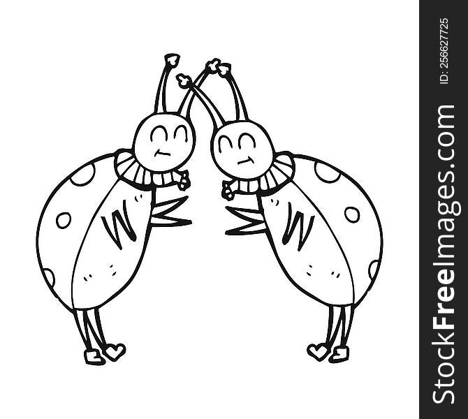 freehand drawn black and white cartoon ladybugs greeting