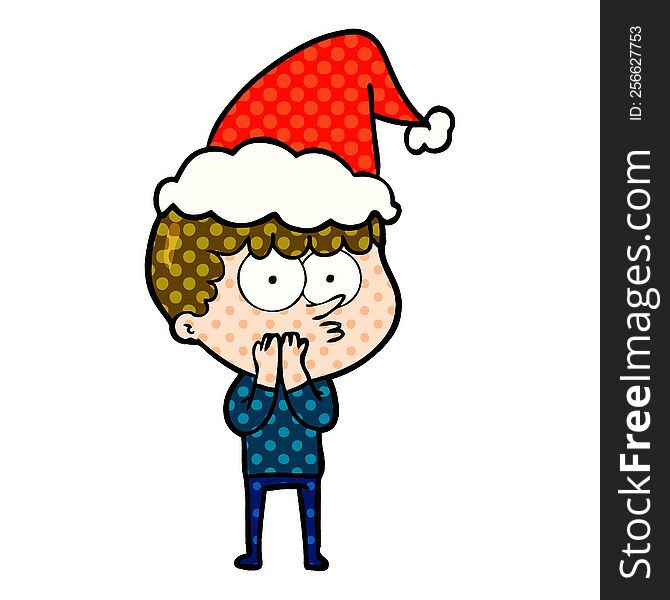 hand drawn comic book style illustration of a curious boy wearing santa hat