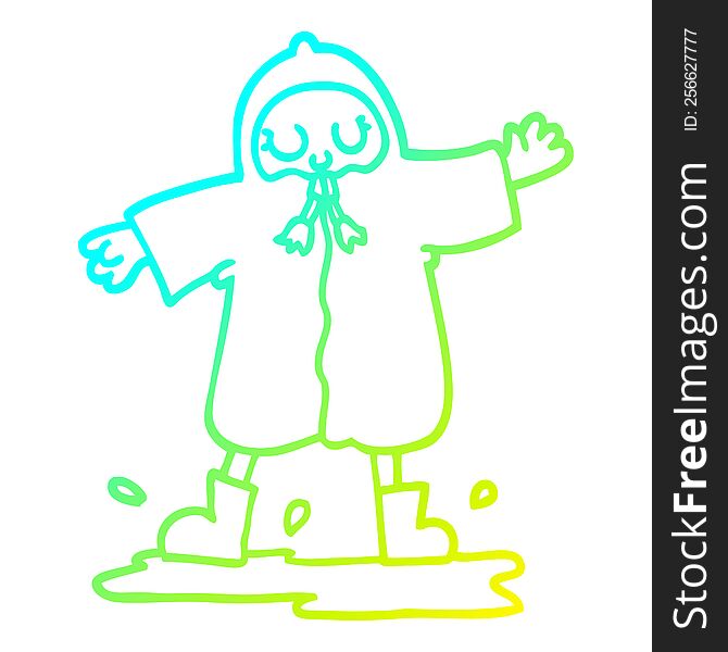 Cold Gradient Line Drawing Cartoon Person Splashing In Puddle Wearing Rain Coat