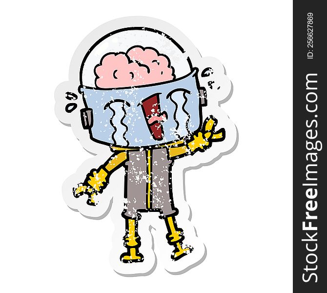 Distressed Sticker Of A Cartoon Crying Robot Waving