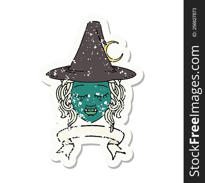 Retro Tattoo Style half orc witch character face with banner. Retro Tattoo Style half orc witch character face with banner