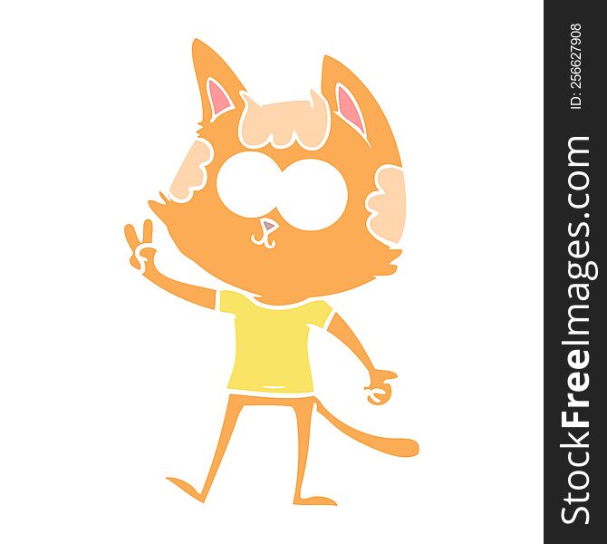 happy flat color style cartoon cat giving peace sign