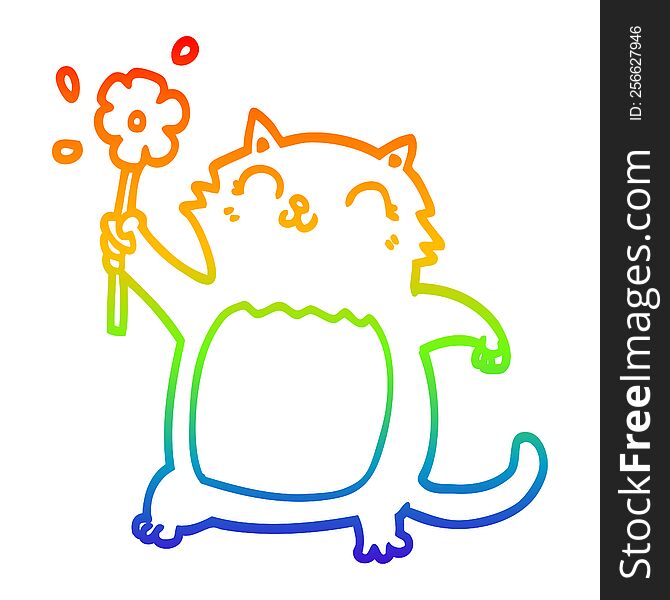rainbow gradient line drawing of a cartoon cat with flower