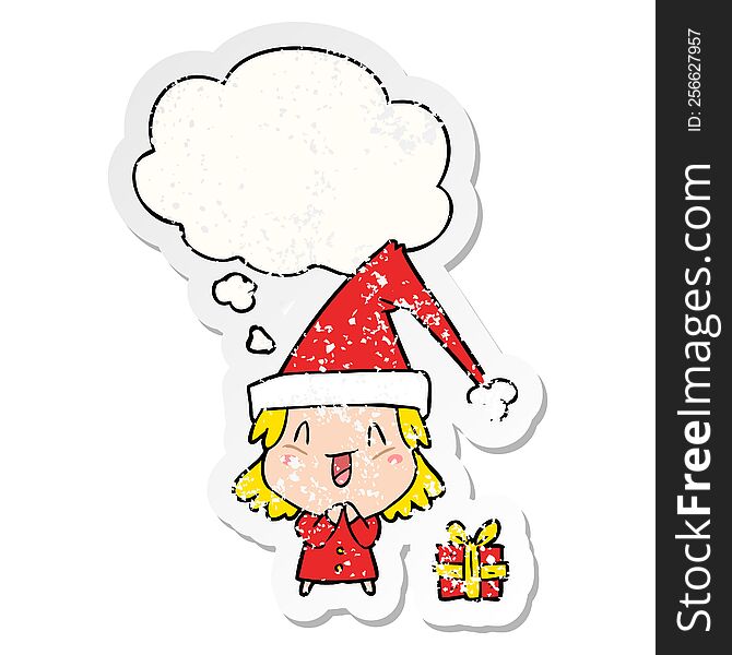 cartoon girl wearing christmas hat with thought bubble as a distressed worn sticker