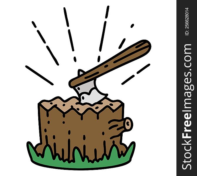 illustration of a traditional tattoo style axe in tree stump