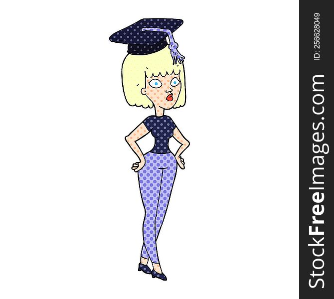 freehand drawn cartoon woman with graduation cap