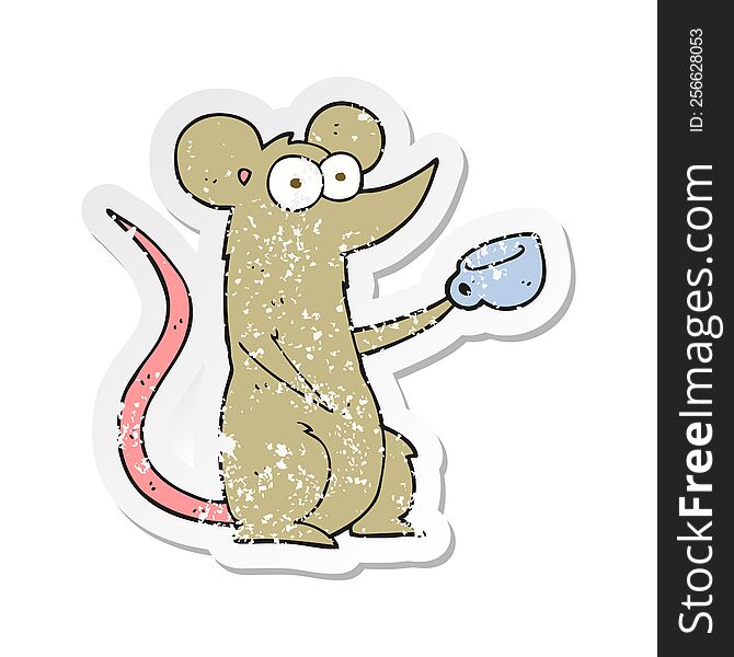 retro distressed sticker of a cartoon mouse with coffee cup