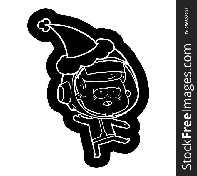 quirky cartoon icon of a tired astronaut wearing santa hat