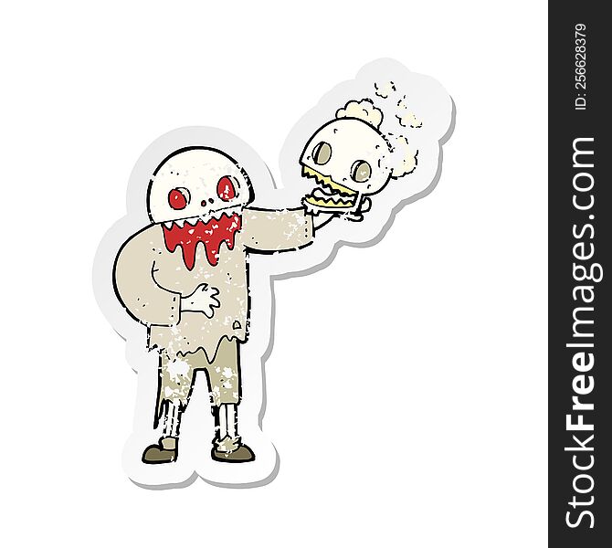 retro distressed sticker of a cartoon zombie holding a skull