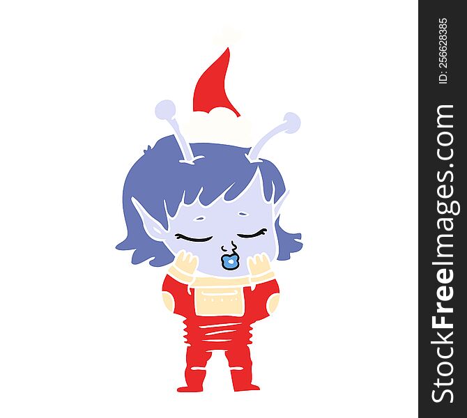 Flat Color Illustration Of A Alien Girl Wearing Santa Hat