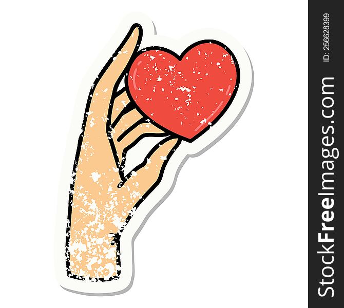 traditional distressed sticker tattoo of a hand holding a heart