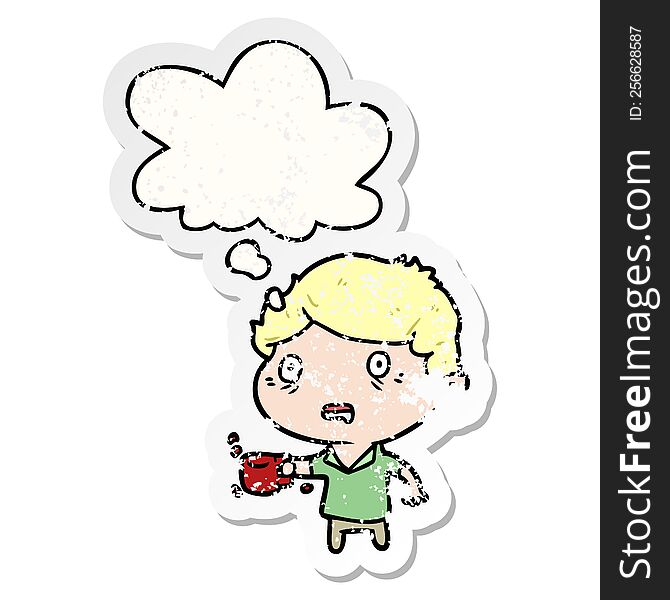 cartoon man with cup of coffee with thought bubble as a distressed worn sticker